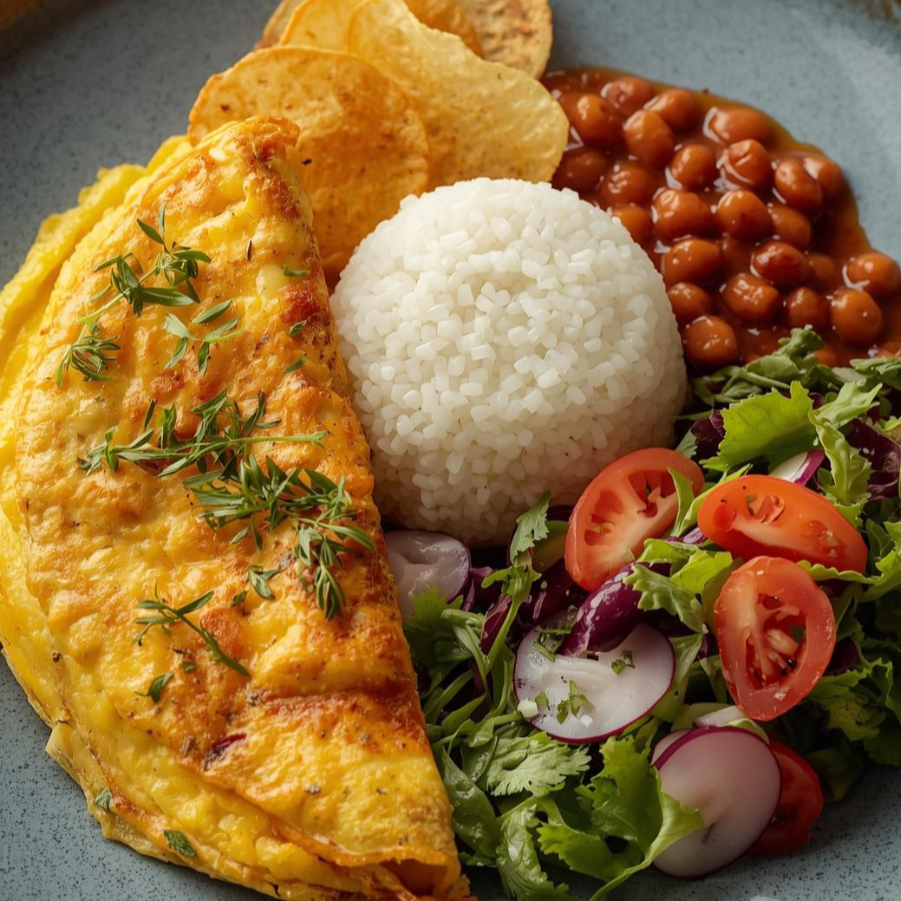 Delicioso executivo de omelete, acompanha arroz, feijão, batata frita e salada.