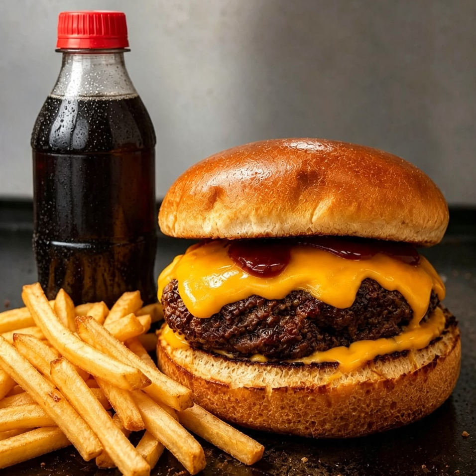 Pão Brioche, 130g Hamburguer Artesanal, Queijo, Molho da Casa + Batata Frita + 1 Refrigerante 200ml.