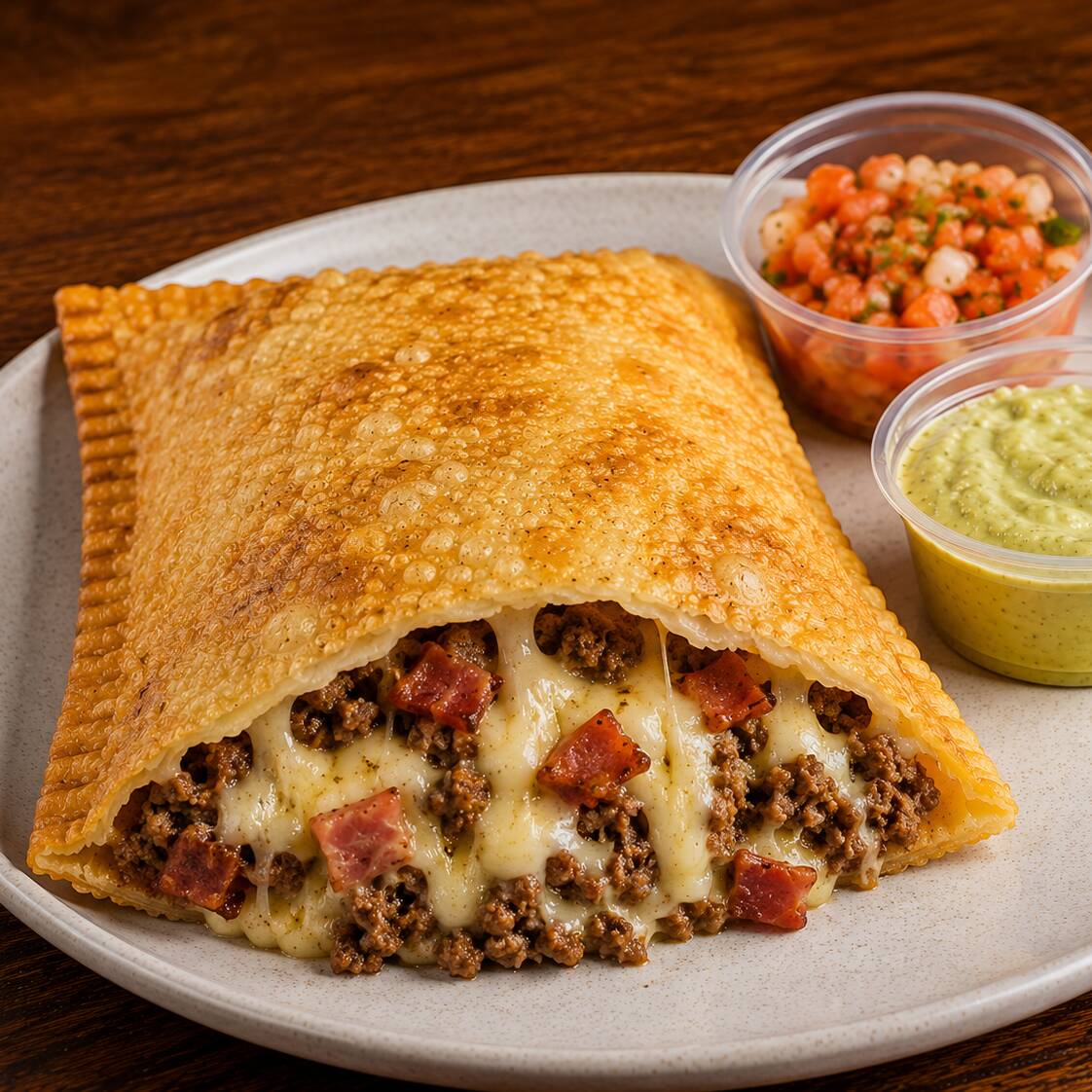 Massa crocante com carne temperada, queijo derretido e bacon crocante. O trio perfeito!
