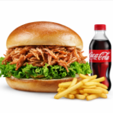Hamburguesa de Pollo Desmechado + papas + Gaseosa