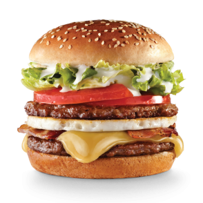 Pão, 2 carnes, queijo, presunto, 2 ovos, bacon, calabresa, tomate, alface e cebola