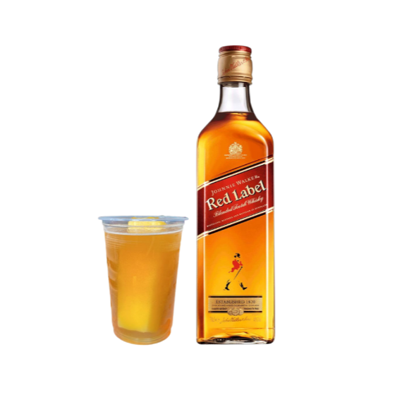 Dose de Whisky Red Label , uma Garrafinha de 200ml com Whisky, 1 Energético Red Bull 250ml e 1 Gelo de Coco