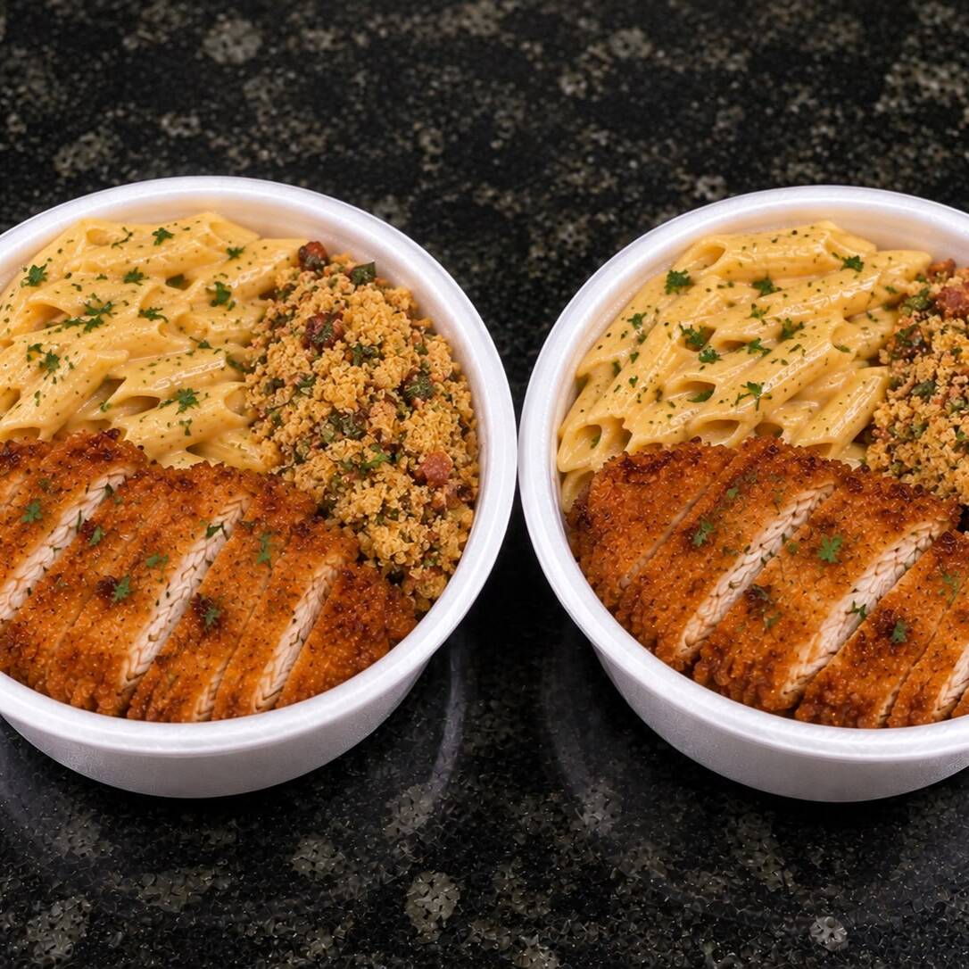 Duas marmitas mini de frango amilanesa
Com acompanhamentos de arroz, feijão, farofa
Macarrão para vc se delíciar