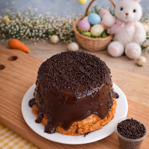 Bolo de cenoura fofinho, com cobertura generosa de brigadeiro 50% cacau escorrendo e finalizado com granulado. Macio, úmido e irresistível — o clássico que todo mundo ama! (aprox. 380g)