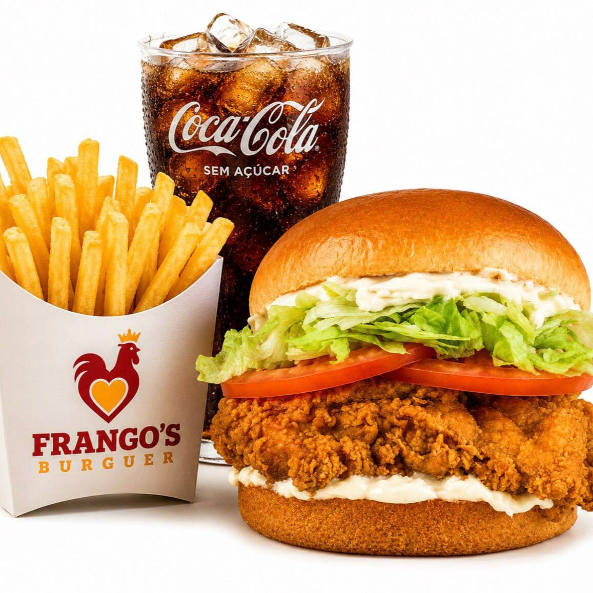 Chicken Burguer + Batata Frita + Coca Cola 200 ml. Pão brioche, suculento filé de coxa e sobrecoxa, alface, tomate e maionese.