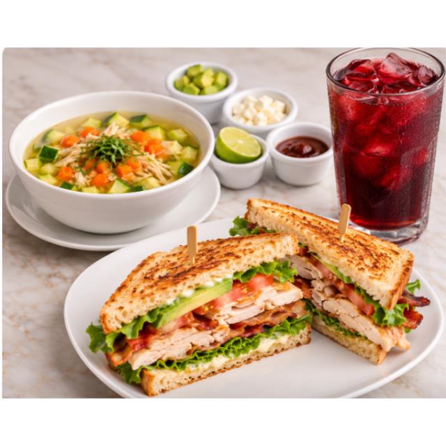COMBO CALDO TLALPEÑO + CLUB SANDWICH + AGUA JAMAICA