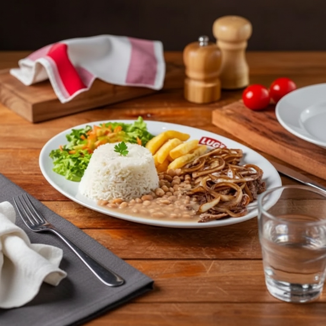 Contra filé usado na casa acompanha arroz, feijão, cebola refogada especial, batata e salada.