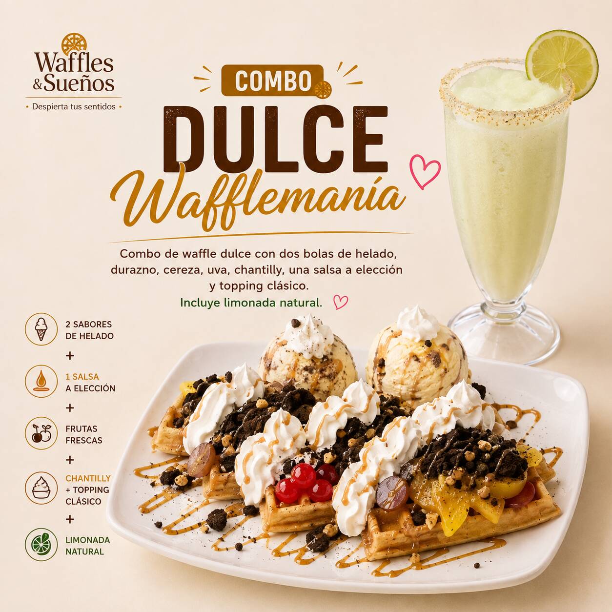 WAFFLE DULCE WAFFLEMANÍA + Limonada Natural