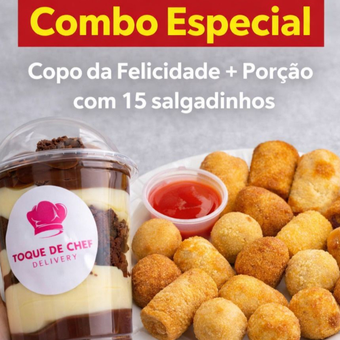 Copo da felicidade de sua preferência + 15 salgadinhos a sua escolha.