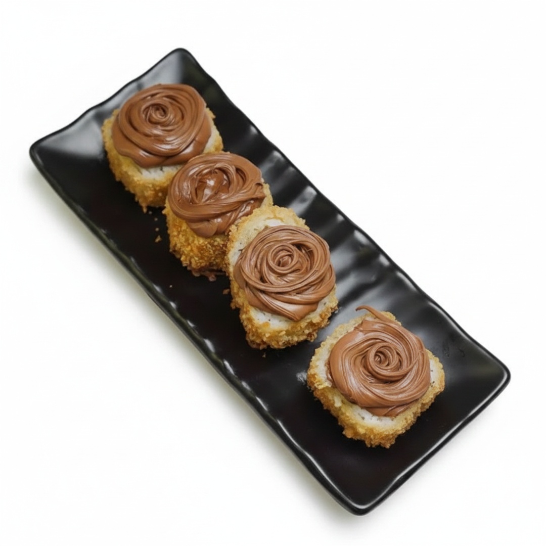 Banana empanada na panko e frita e finalizada com chocolate ao leite.
