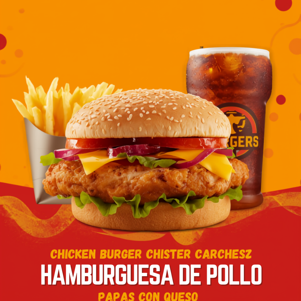 HAMBURGUESA DE POLLO + PAPASCONQUESO +REFRESCO 355