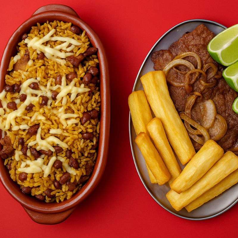 Marmita com Baião de dois média a moda da casa(arroz , feijão de corda,queijo mussarela,torresmo,carne seca desfiada e temperos do cheff)acompanhada de bife acebolado na chapa e mandioca frita.