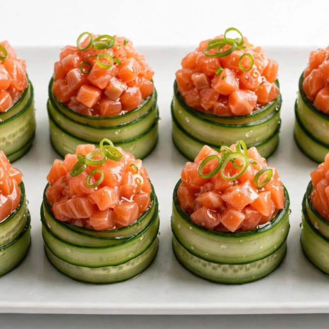 8 unidades de Dyos de pepino, fatias finas de pepino em volto no arroz, com salmão cru por cima, finalizado com cebolinha.