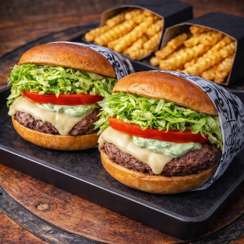 2x Lanche Terra: Pão brioche de qualidade , Burger 150g, Mussarela, Alface, Tomate e Maionese Verde. • 2x Batatas Fritas: Porção individual crocante e sequinha. • Sabor artesanal com ingredientes frescos e a maionese verde que é a especialidade da casa. Peça agora e economize!