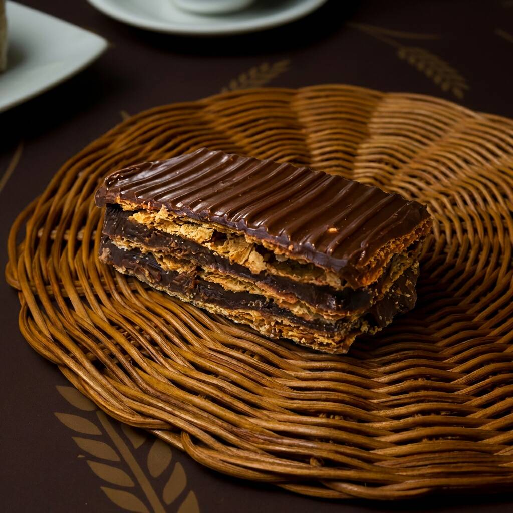 Camadas finas e crocantes com recheio cremoso de chocolate. Um doce equilibrado entre textura e sabor. Uma delícia que nosso Chef Ama fazer.