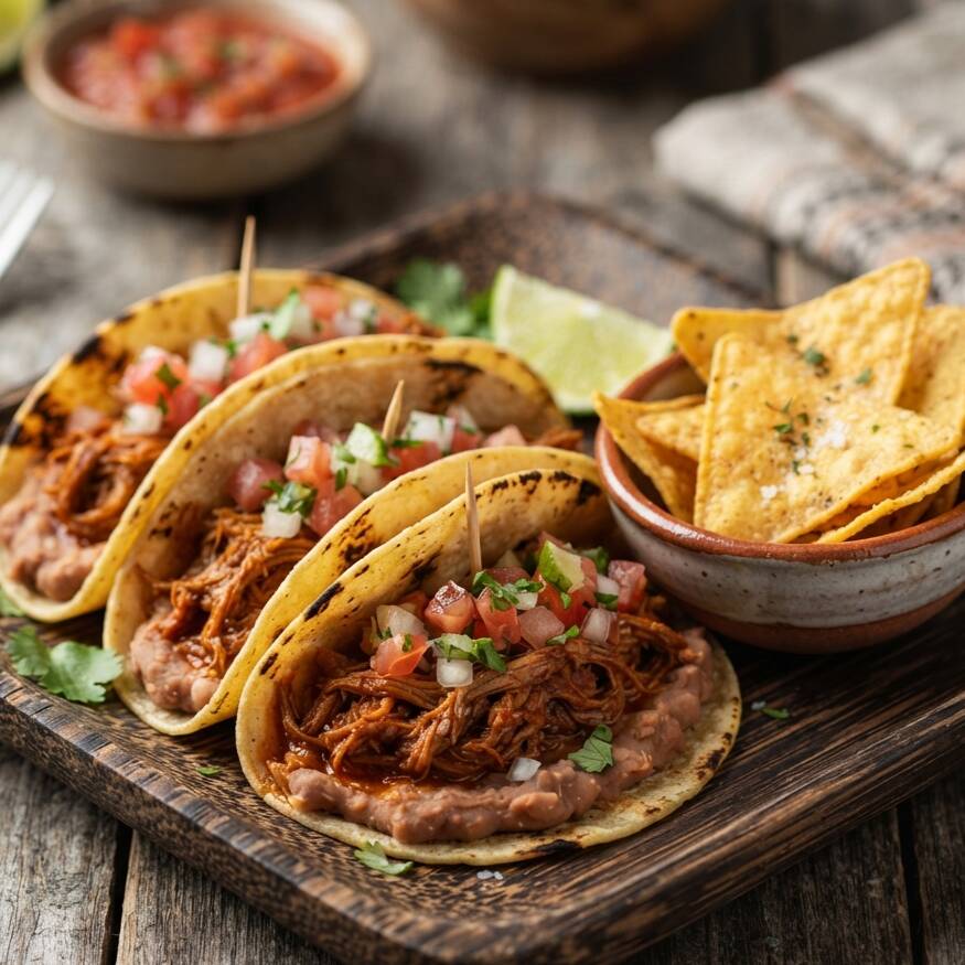 Trio de Tacos de Carne con Nachos