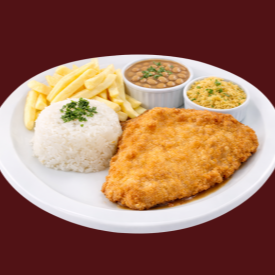 Acompanha arroz, feijão, farofa e fritas. Foto ilustrativa.