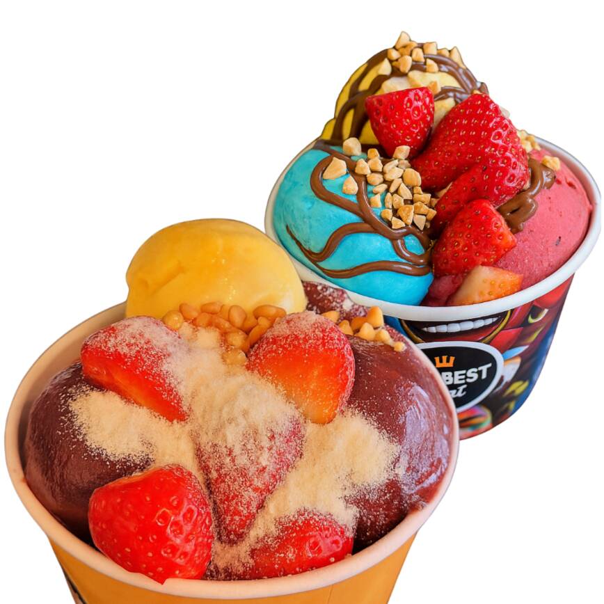 Monte cada copo do seu jeito: escolha até 2 sabores de açaí e/ou sorvete super cremoso e adicione 3 complementos grátis de sua preferência. Ideal para dividir ou aproveitar em dose dupla!