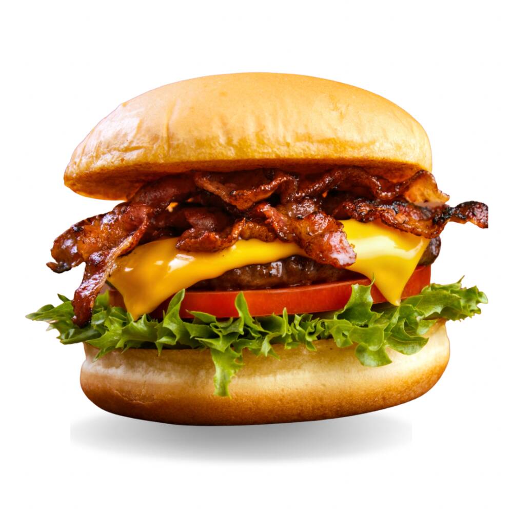 PÃO DE HAMBURGUER, HAMBURGUER, QUEIJO, BACON, ALFACE E TOMATE