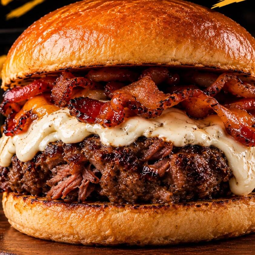 Hambúrguer suculento de costela, bacon crocante e creeam cheese.