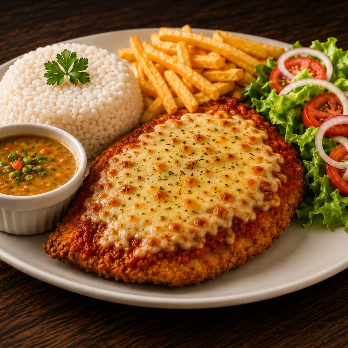 arroz, pirão, batatas fritas, salada