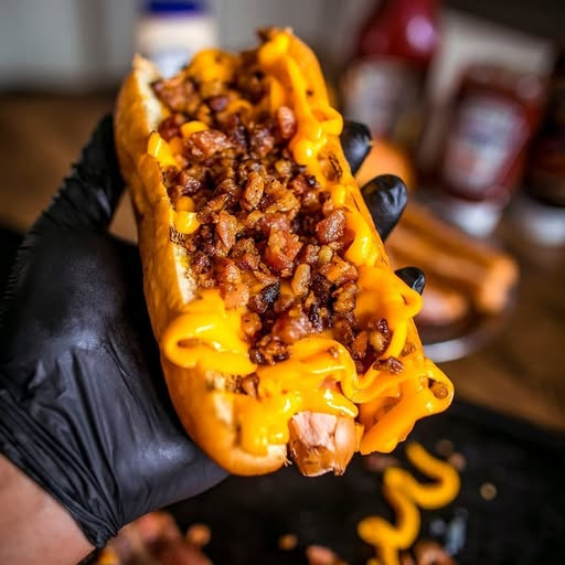 2 salsichas, molho, milho, cenoura, molho da casa, cheddar e bacon