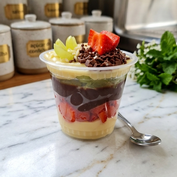 Chocolate nobre ao leite e branco com Ninho em camadas de uva e morango. Finalizado no granulé