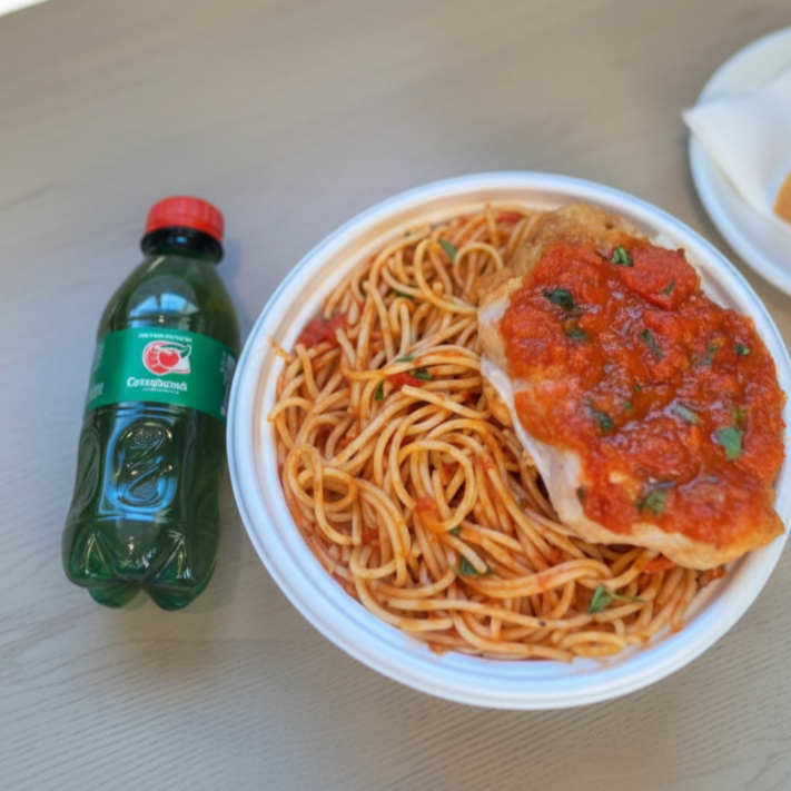 Marmita com delicioso filé de frango parmegiana (empanado na massa crocante coberto com molho de tomates e queijo) acompanhado de macarrão espaguete ao molho de tomates. Acompanha refrigerante pet Guaraná Antárctica bem gelado. Marmita indicada para 01 pessoa.