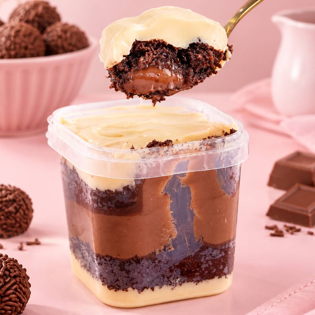Bolo de Pote Ninho com creme de avelã - deliciosa massa fofinha de chocolate, creme irresistível de ninho e creme de avelã 250ml