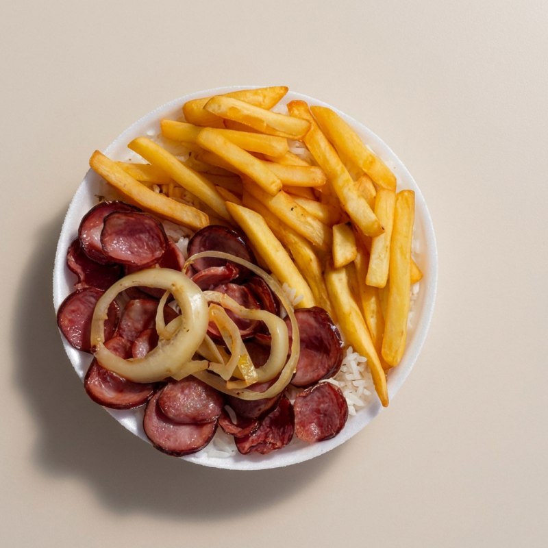 Acompanha arroz, feijão e fritas. Marmitex de 550g para 1 pessoa.