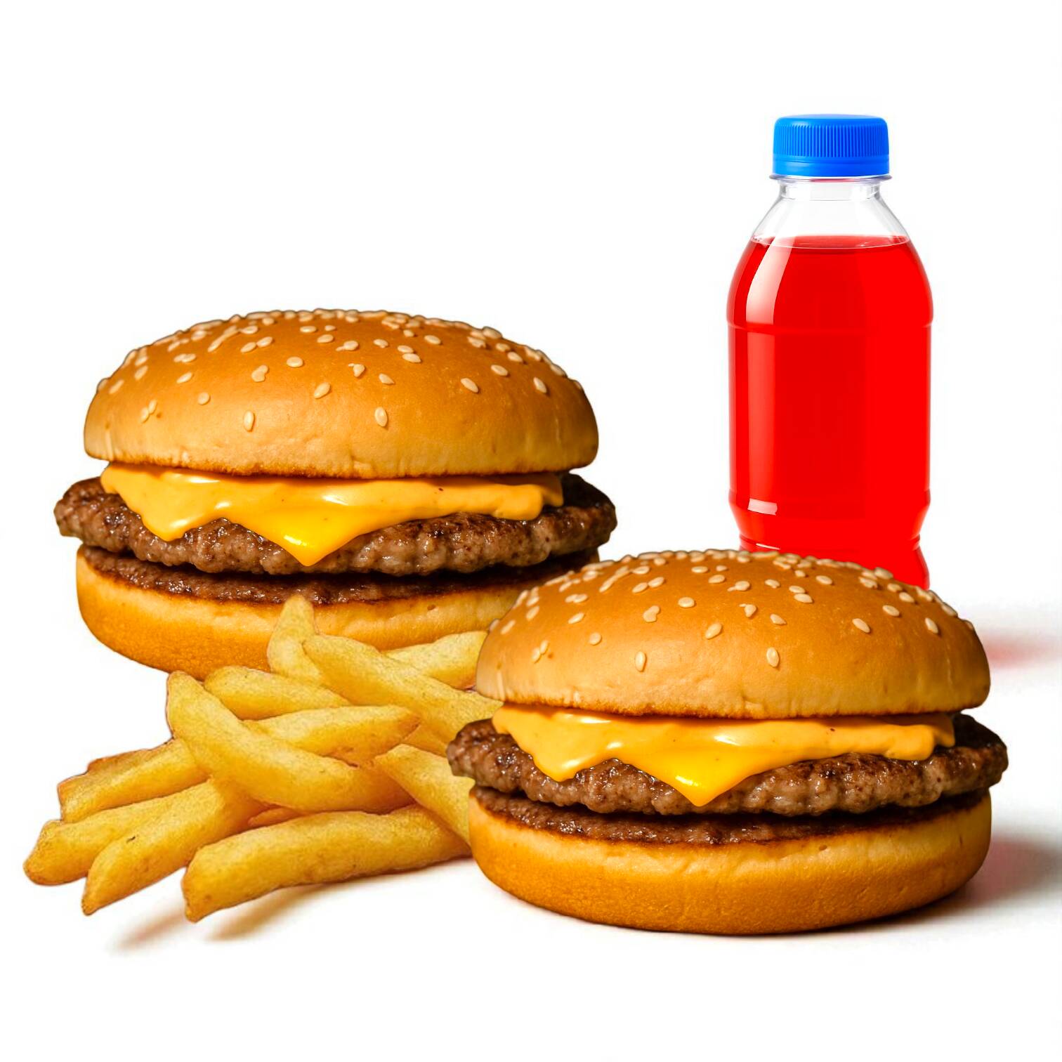 Dos Hamburguesas Jr. Queso + Papas + Bebida