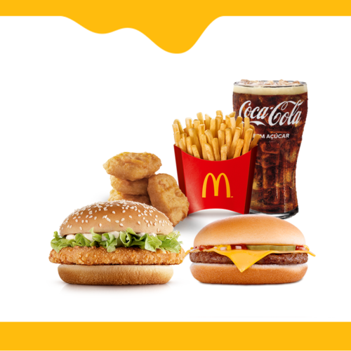 Escolha 4 (quatro) pequenos preços entre as opções: Cheeseburger, Chicken Jr, McFritas Média, Chicken McNuggets 4 unidades e Bebida.