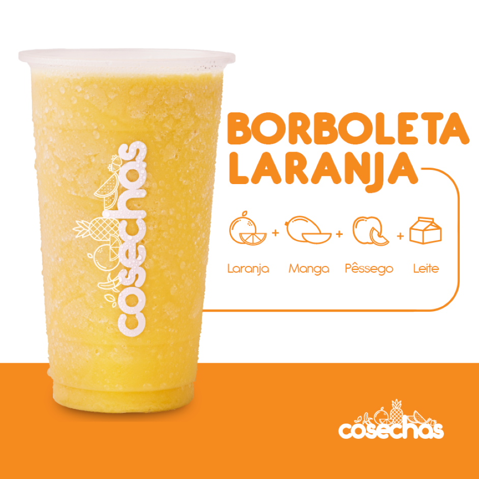 A suavidade da manga e do pêssego se une ao frescor da laranja, enquanto o leite proporciona uma textura cremosa e delicada.