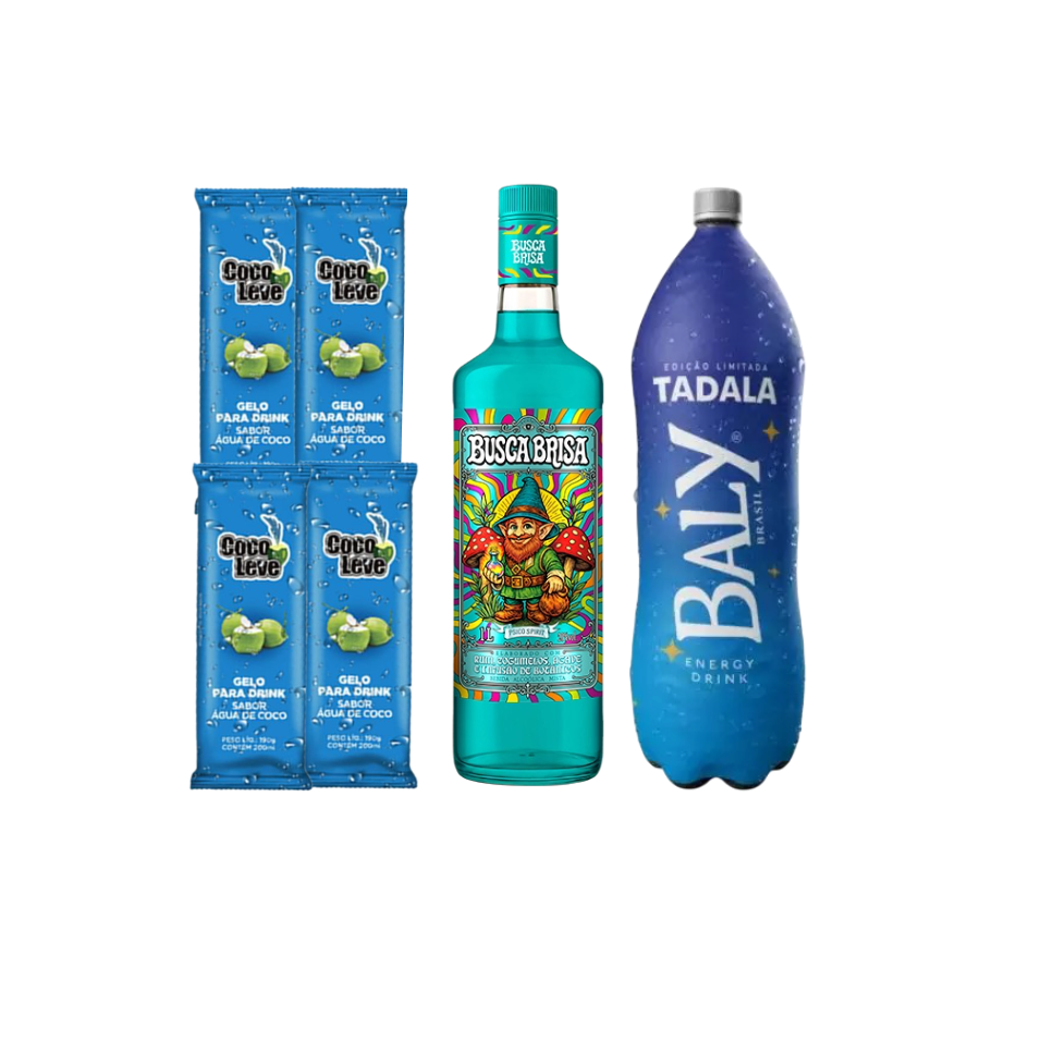 1 Garrafa de Busca Brisa 1L + 1 Energético Baly Tadala 2L + 4 Gelos de Coco