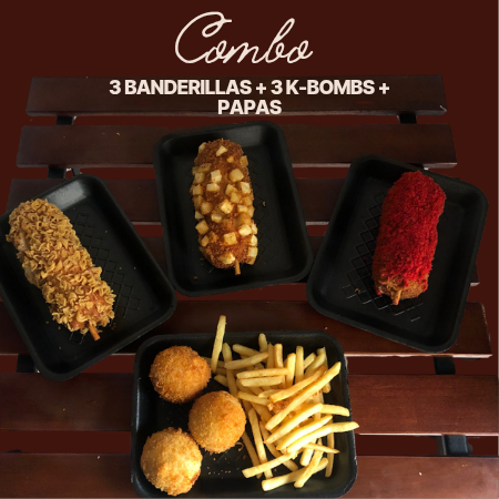 3 Banderilla Coreanas + 3 K-BOMBS de Queso + Papas