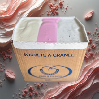 Sorvete de morango, lacta e flocos, cremoso e saboroso.