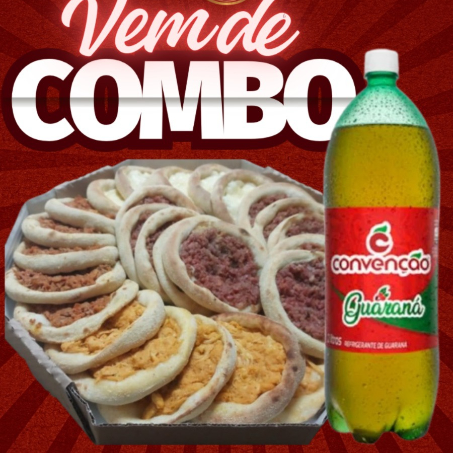 10 queijo, 10 carne, 5 calabresa, 5 frango e 1 refrigerante convenção guaraná