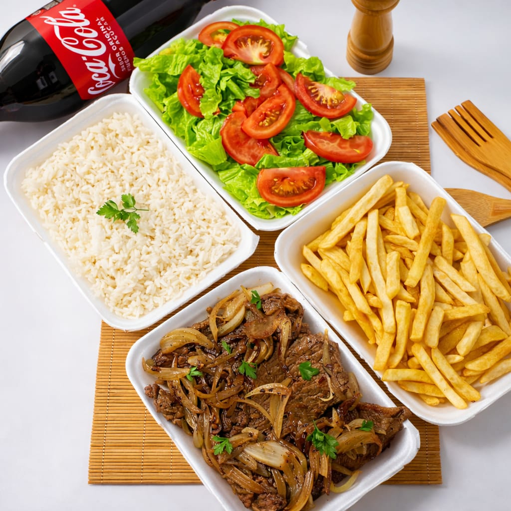 Para matar a fome da familia toda, acompanha uma porção de arroz de 600g, uma porção de batata frita de 500g, uma porção de salada fresca, uma porção de feijão fresquinho e carne de sua escolha , entre peixes, bifes e grelhados + Coca-Cola 2l de cortesia