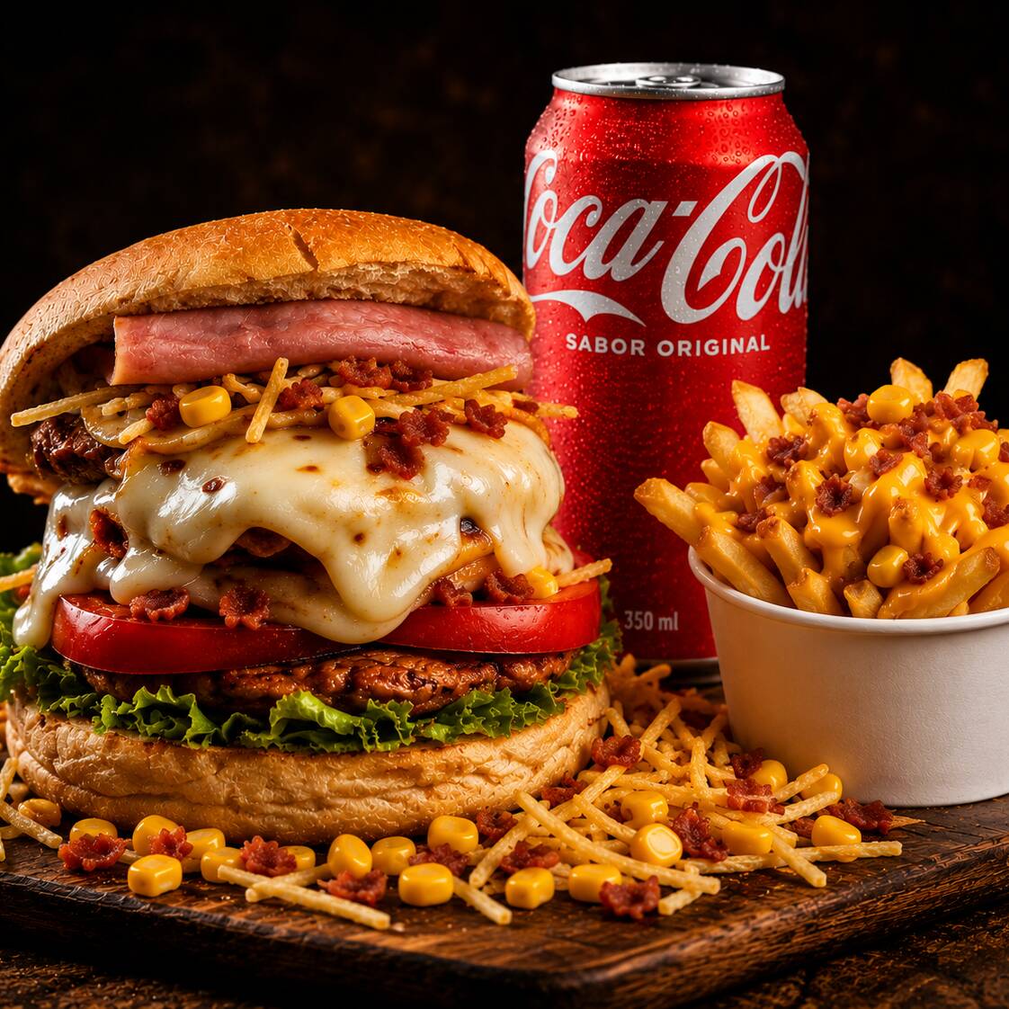 Lanche + batata cheddar e Bacon + Coca- cola lata
Lanche composto: Pão macio, alface e tomate selecionados e frescos, 2(dois) bifes bovinos, 2(duas) fatias de muçarela, 2(duas) fatias de presunto, ovo, fatias de bacon, salsicha, milho, batata palha, maionese de alho feito pela casa. (molho é opcional) + uma porção generosa de batata frita com cheddar e bacon.