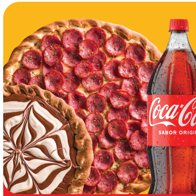 🍕 Pizza Grande 🍫 Pizza media Doce – Brigadeiro 🥤 Coca-Cola 2L GRÁTIS