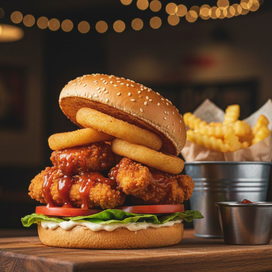 BURGER DE BONLESS CON AROS DE CEBOLLA