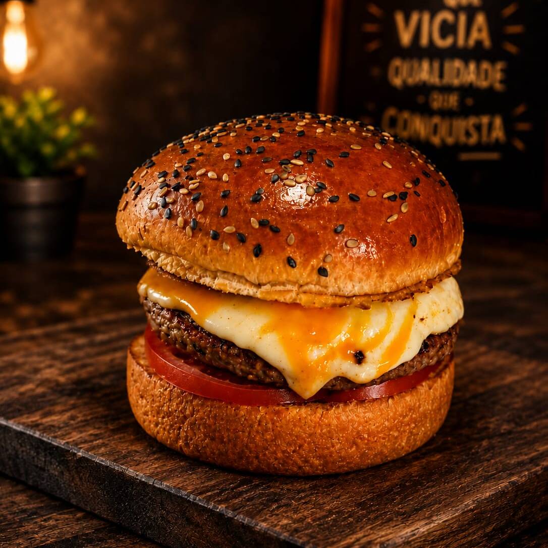 pao brioche com carne artesanal acompanhando com mussarela,ovo,tomate,bacon fatiado e molho especial da casa