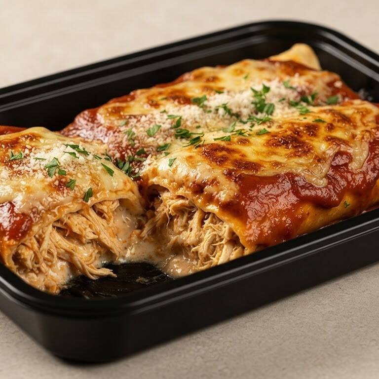 2 Panquecas douradinhas e recheadas com frango desfiado bem temperado, cobertas com molho de tomate caseiro e queijo gratinado. Escolha grátis uma opção: Catupiry® Original, Cheddar Original, muçarela ou provolone. Cremosa, bem servida e cheia de sabor!