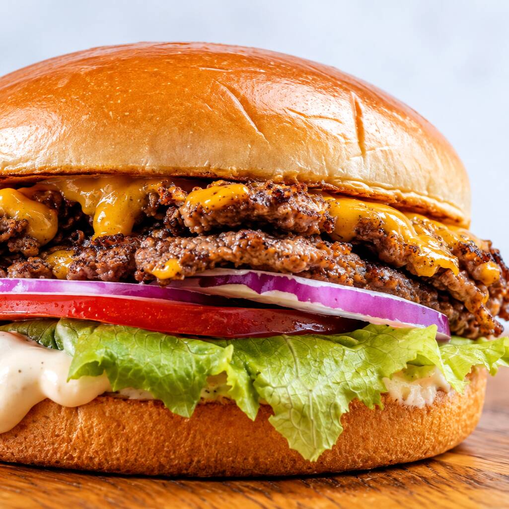 2 burgers smash com 50gr cada, Queijo Cheddar, Alface, Tomate, Cebola Roxa, maionese da casa, pão de smash.
