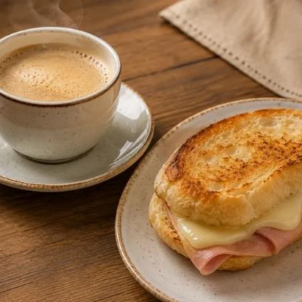 M combo perfeito para começar o Dia ou fazer aquela pausa gostosa. O café com leite de 200 ml é cremoso, equilibrado e servido bem quentinho, trazendo aquele sabor clássico que todo mundo ama. Acompanha um misto quente preparado com pão macio, queijo derretido e presunto levemente tostado, garantindo um lanche saboroso e reconfortante. Um conjunto delicioso, simples e completo, ideal para matar a fome e dar energia a qualquer momento.