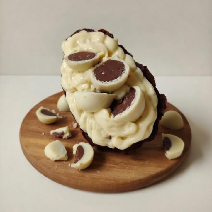 Delicioso Brownie com camada de chocolate derretido, com cremoso brigadeiro branco e chocolate, Finalizado com pedaços de chocolate ouro branco.