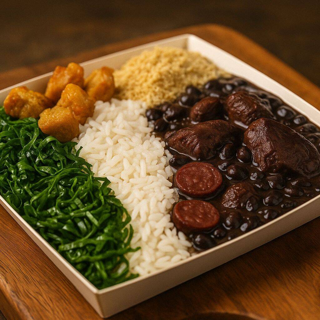 Uma marmita de feijoada simples (500g)acompanha arroz, couve, farofa, torresmo, feita no tempero caseiro que conquista + coca lata 350ml