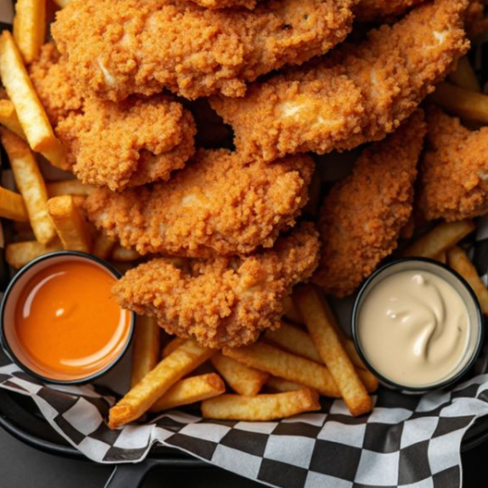 3 tiras tender bufalo con papas fritas