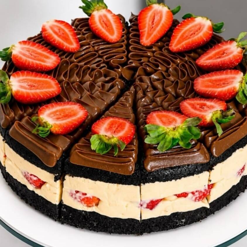 Super recheada com um recheio cremoso de leite ninho com morango fresco, cobertura de brigadeiro de chocolate ao leite e morango fresco.