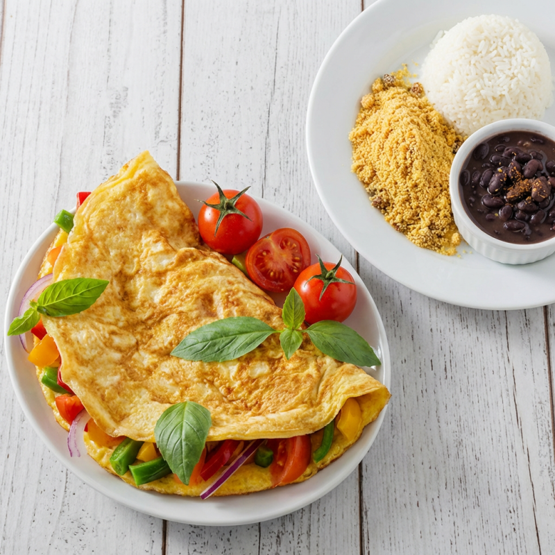 Este prato vegetariano é uma combinação nutritiva e cheia de sabor. O omelete vegetariano, recheado com legumes frescos e bem temperados, é macio e leve, trazendo um toque de cor e saúde. Acompanhado de arroz soltinho e feijão bem temperado, forma uma base clássica e reconfortante, enquanto a farofa, levemente crocante, complementa o conjunto com seu toque tradicional.